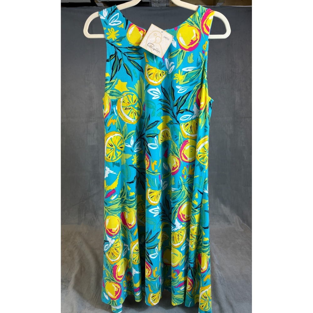 Pappagallo Summer Azure Blue Lemon Fruit Print L Dress Swing Beach Resort NWT